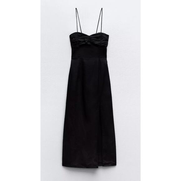 Nwt- Zara Linen Blend Midi Dress Gathered Black Size Small - Picture 1 of 8